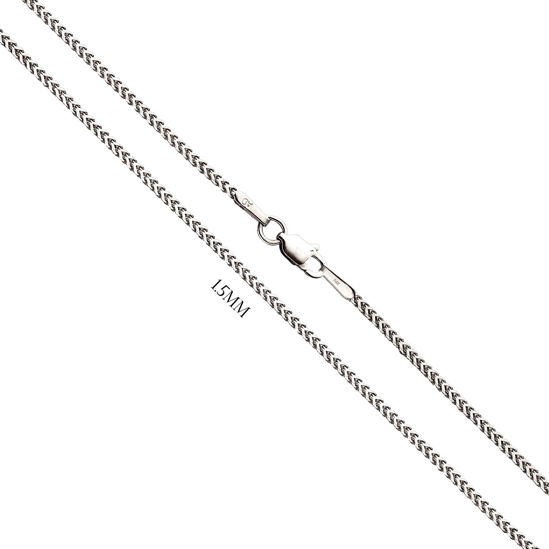 Solid 14K White Gold Italian Designed Franco Chain Necklace, 1.2mm & 1.5mm - US Jewels