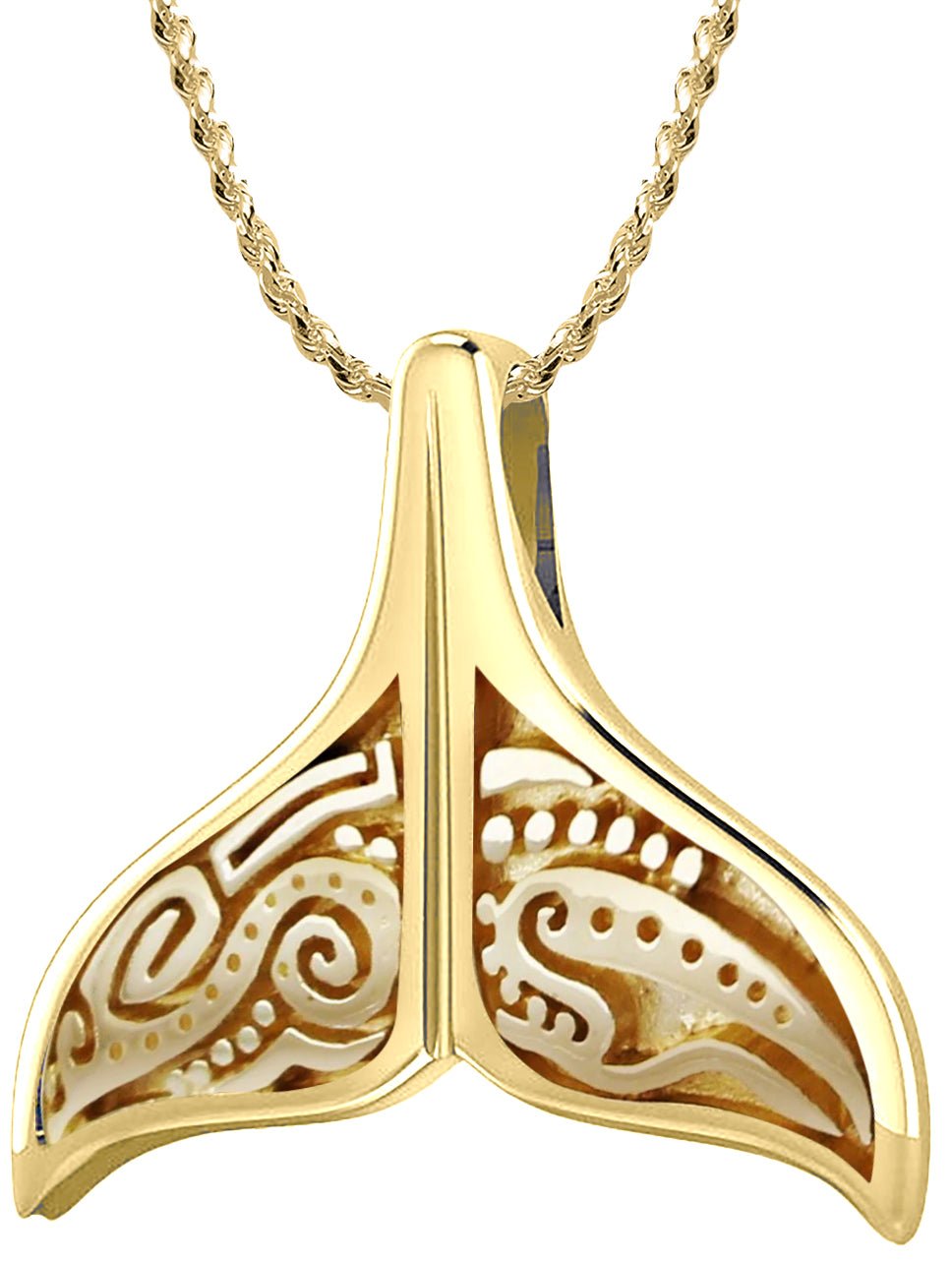 Solid 14k Yellow Gold Aboriginal Whale Tail Aquatic Charm Pendant Necklace - US Jewels