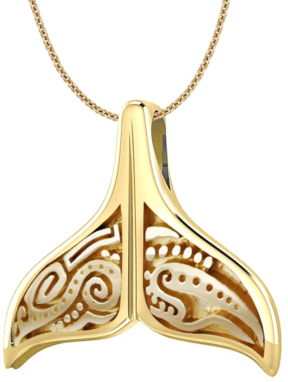 Solid 14k Yellow Gold Aboriginal Whale Tail Aquatic Charm Pendant Necklace  - 16in, 1.5mm Cable Chain