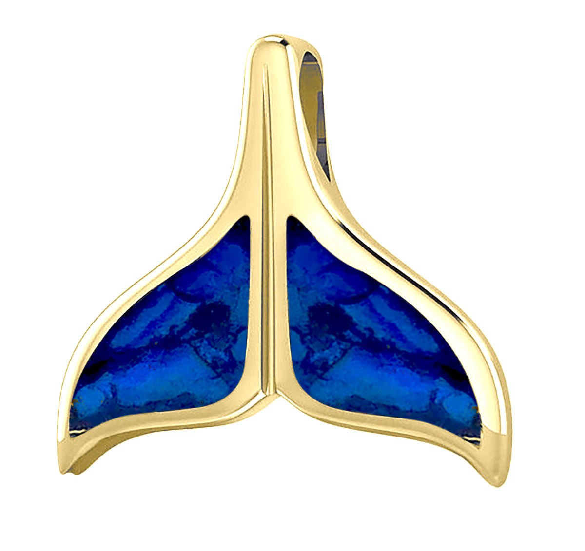Solid 14k Yellow Gold Blue Enamel Inlay Whale Tail Aquatic Pendant Necklace - US Jewels