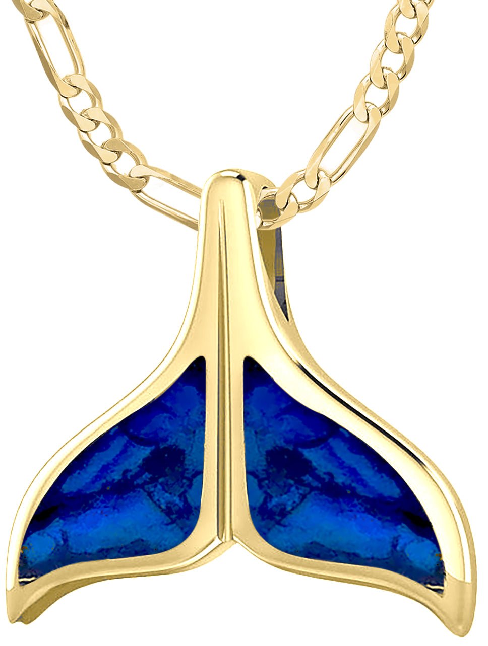 Solid 14k Yellow Gold Blue Enamel Inlay Whale Tail Aquatic Pendant Necklace - US Jewels
