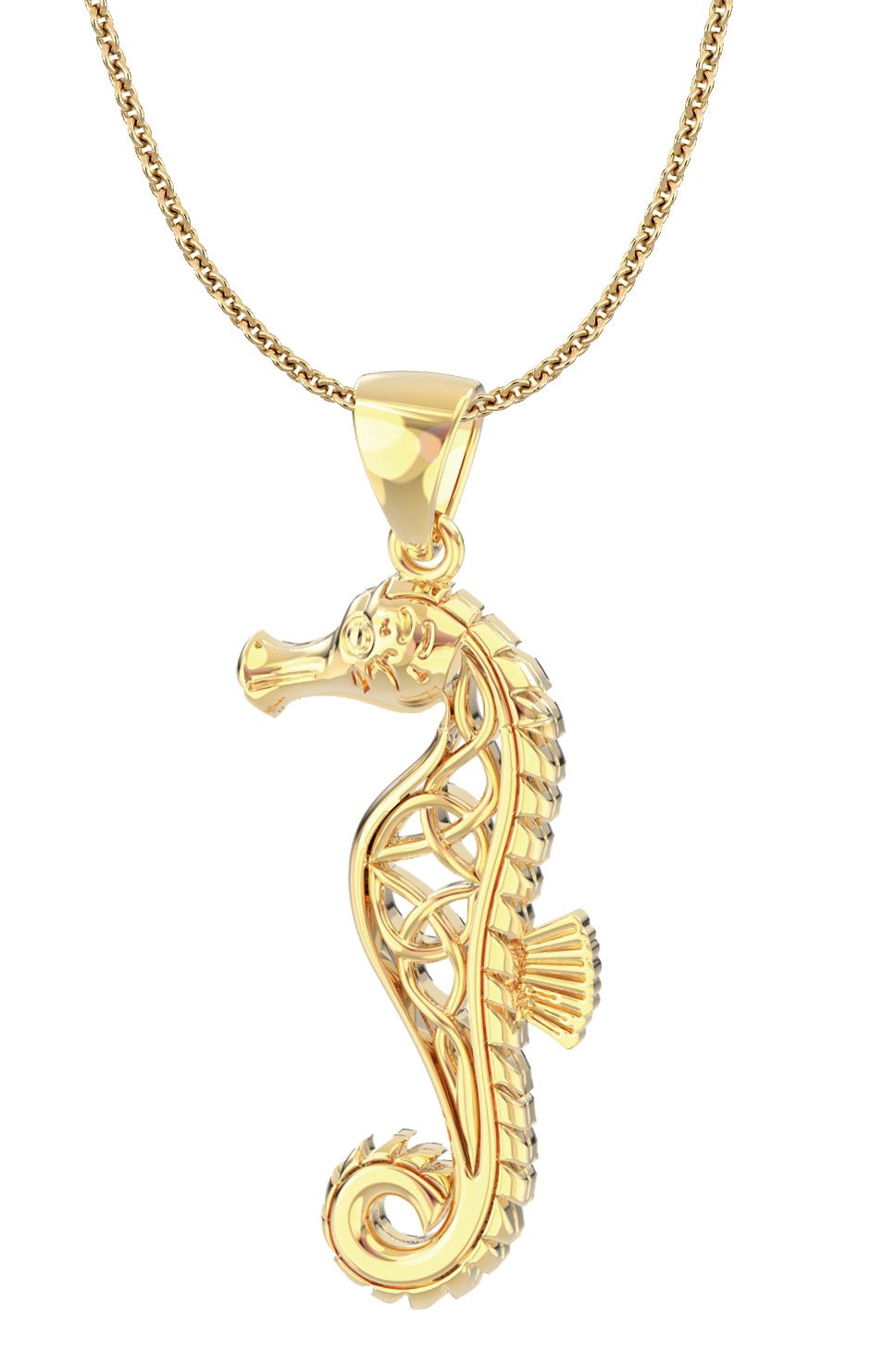 Solid 14k Yellow Gold Celtic Knot Seahorse Aquatic Pendant Necklace, 36mm -  16in 1.5mm Cable Chain