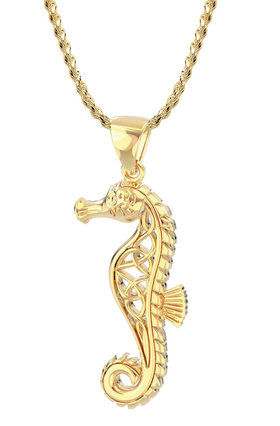 Solid 14k Yellow Gold Celtic Knot Seahorse Aquatic Pendant Necklace, 36mm - US Jewels