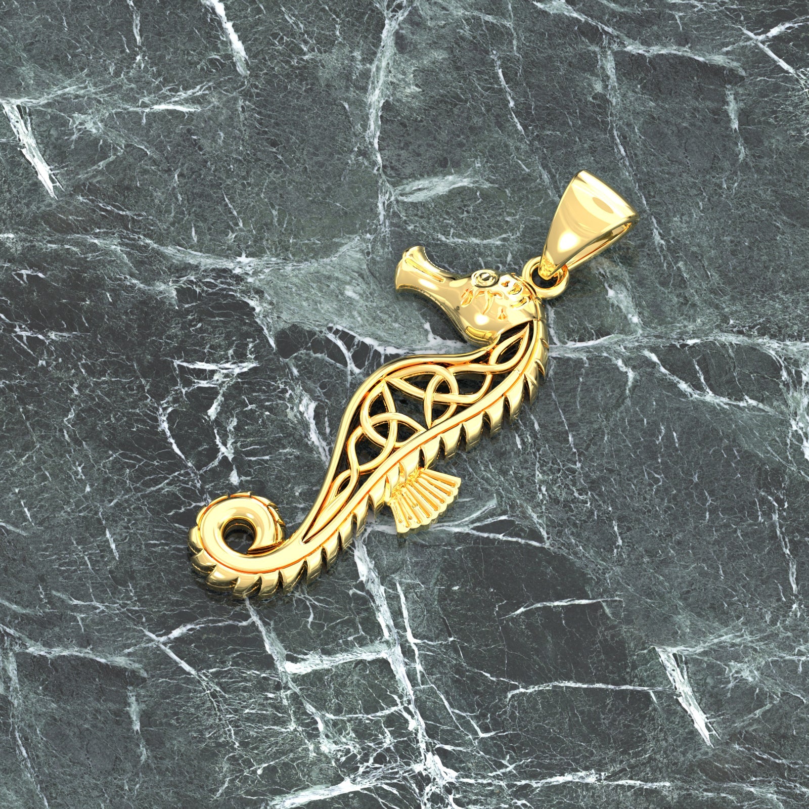 Solid 14k Yellow Gold Celtic Knot Seahorse Aquatic Pendant Necklace, 36mm - US Jewels