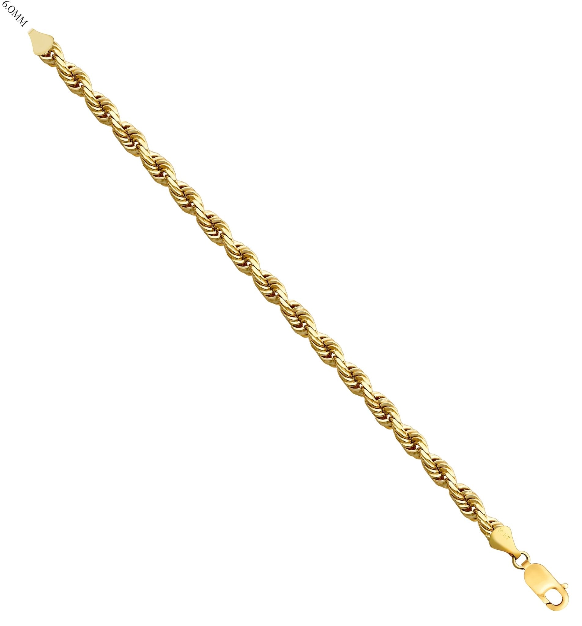 Solid 14K Yellow Gold Diamond Cut Rope Chain Bracelet