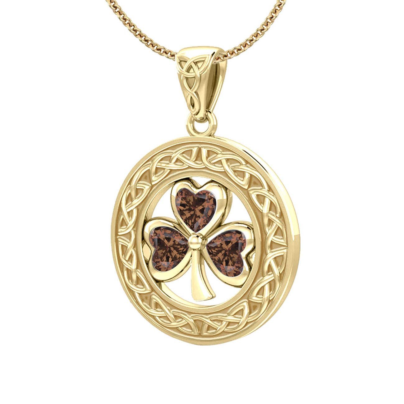 Solid 14k Yellow Gold Irish Shamrock Clover Birthstone Pendant Necklace - US Jewels