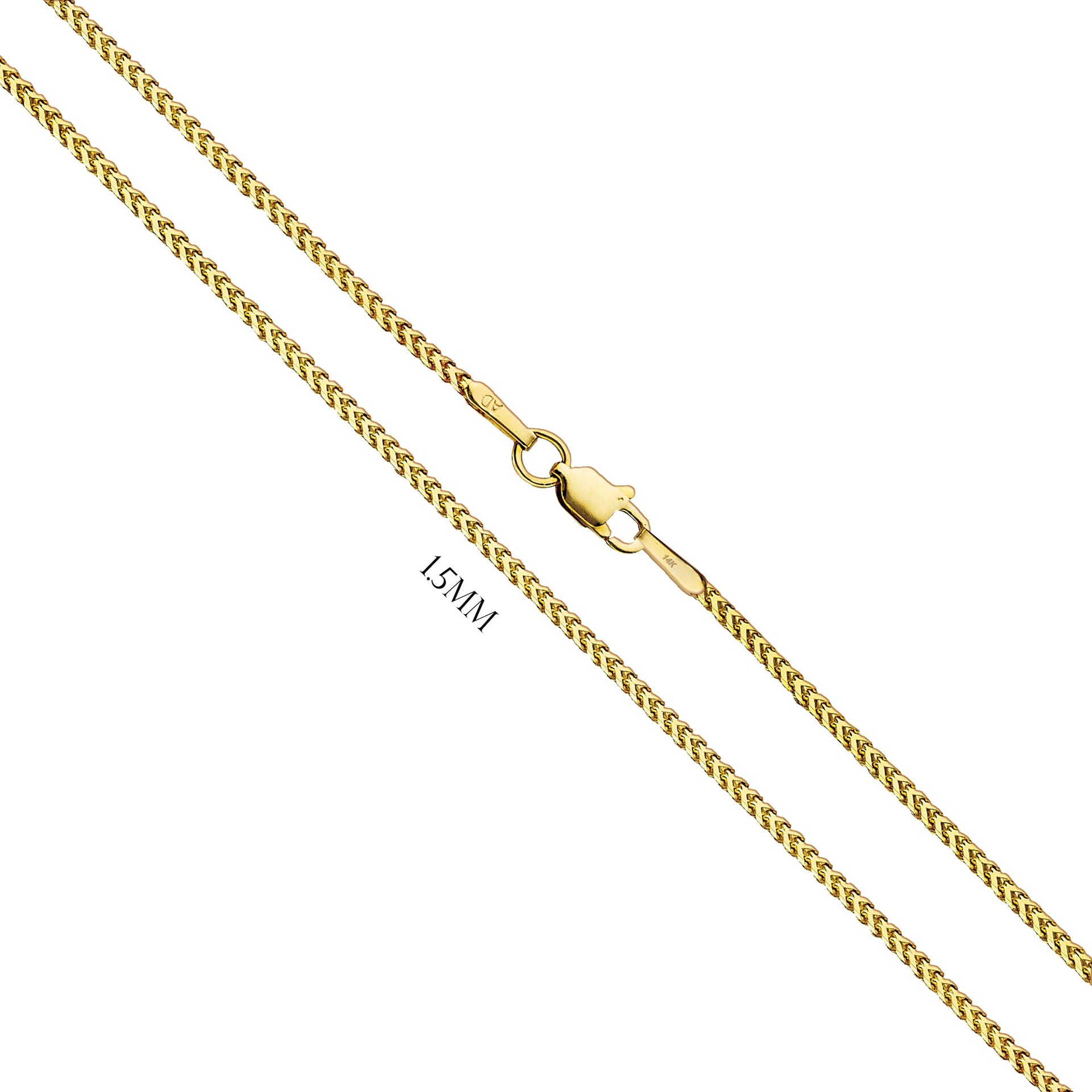 Solid 14K Yellow Gold Italian Designed Franco Chain Necklace, 1.2mm & 1.5mm - US Jewels