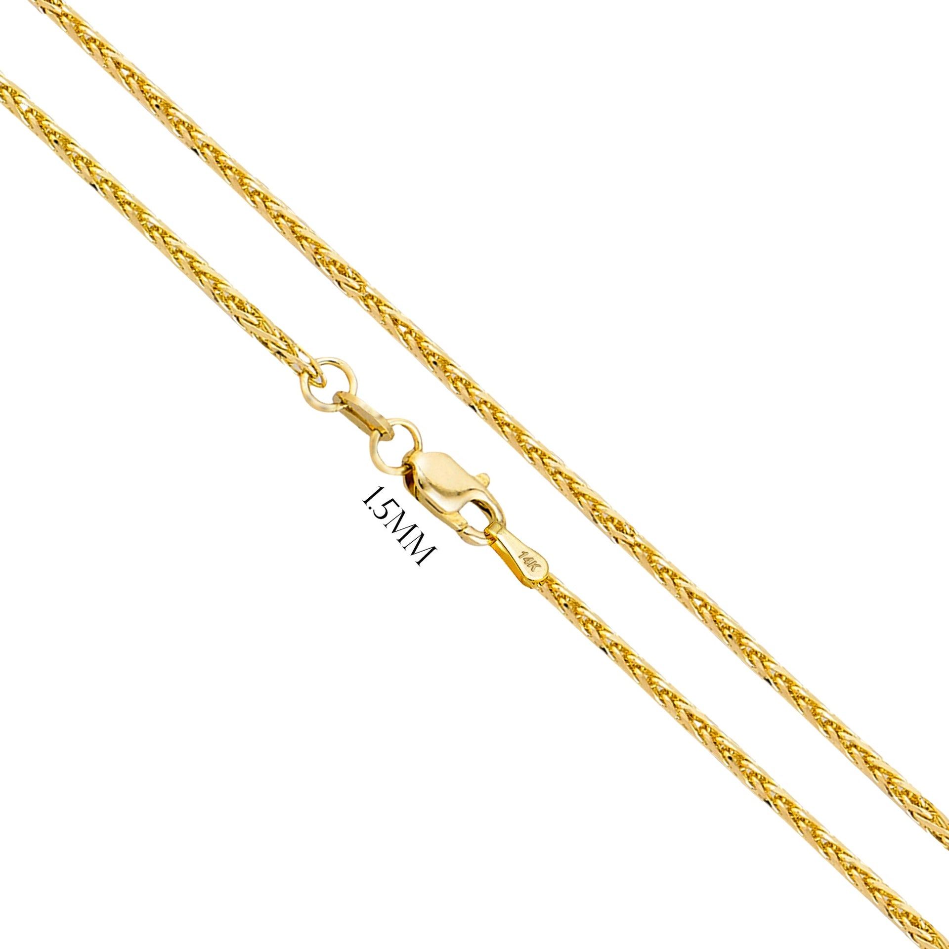 Solid 14K Yellow Gold Wheat Chain Necklace, Sizes 1.0mm to 1.9mm - US Jewels