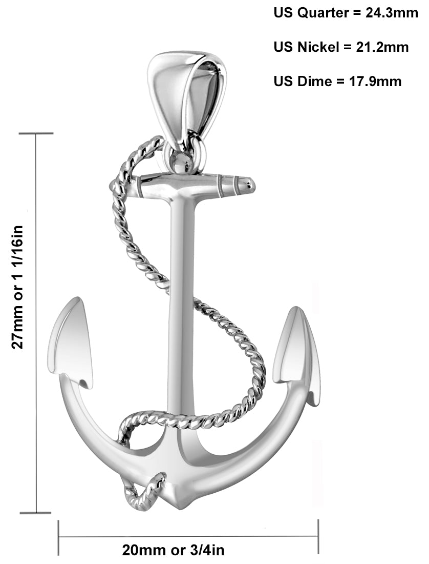 Solid 925 Sterling Silver Nautical Anchor and Rope Pendant Necklace - US Jewels