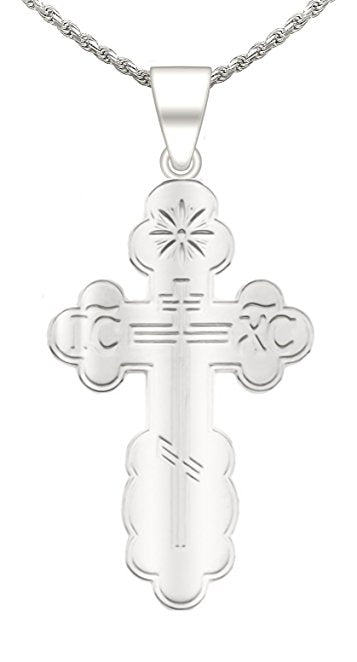Solid 925 Sterling Silver Orthodox Cross Pendant Necklace, Polished Finish - US Jewels