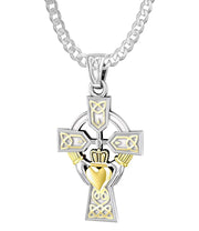 Two Tone 925 Sterling Silver Irish Celtic and Claddagh Cross Pendant Necklace - US Jewels