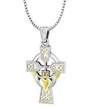 Two Tone 925 Sterling Silver Irish Celtic and Claddagh Cross Pendant Necklace - US Jewels