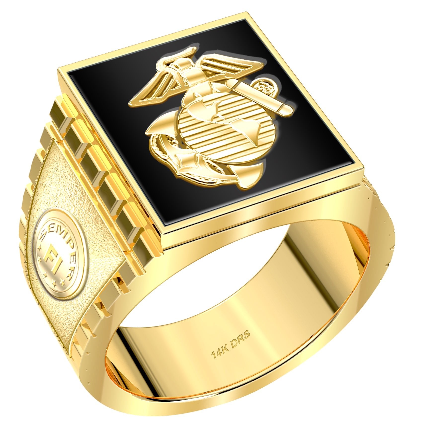 US Jewels Customizable Men's 10k or 14k Yellow And White Gold Solid Back US Military Rings - US Jewels