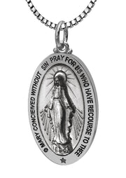 US Jewels Ladies Antique 925 Sterling Silver Large Miraculous Virgin Mary Pendant Necklace, 26mm - US Jewels