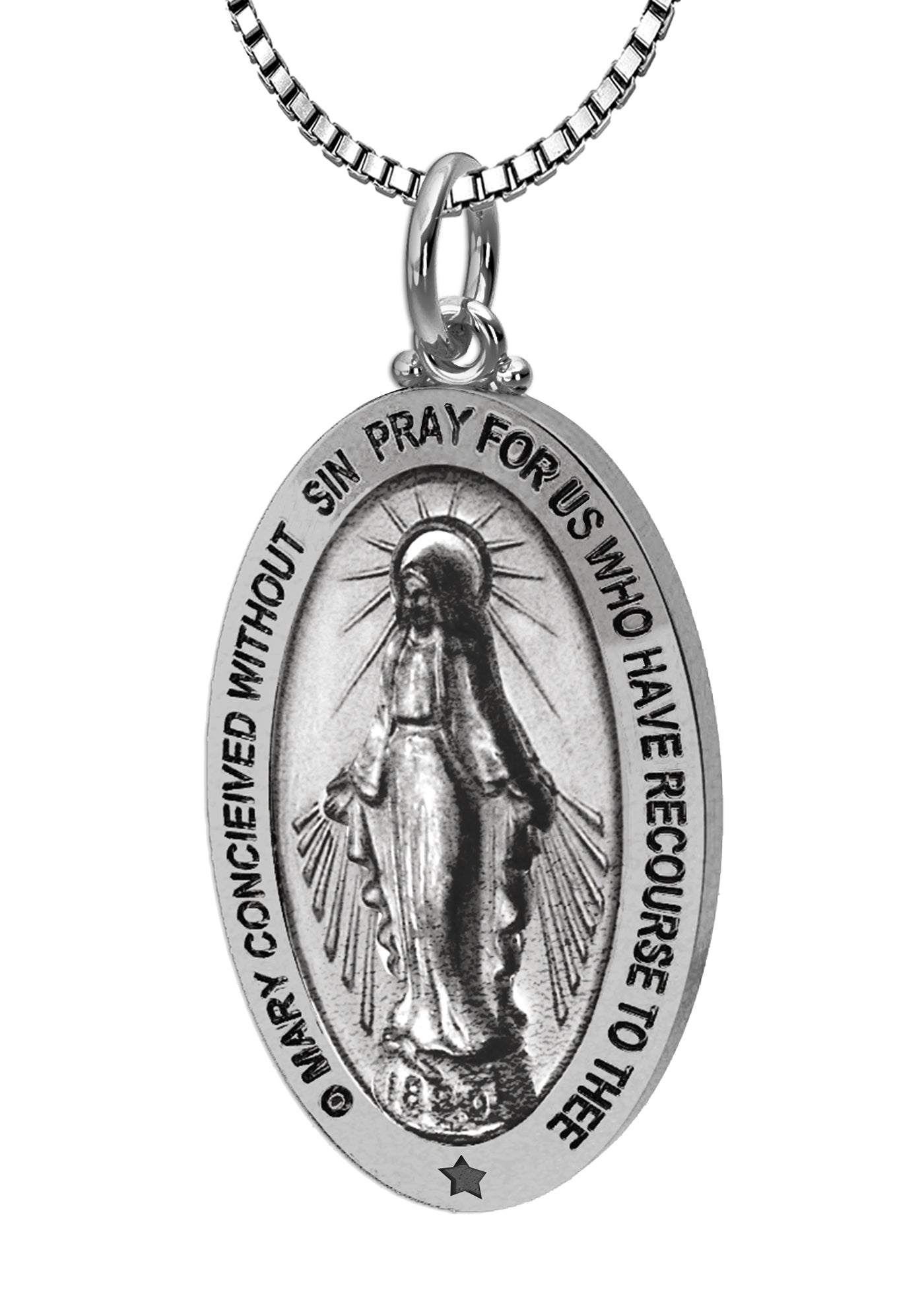US Jewels Ladies Antique 925 Sterling Silver Large Miraculous Virgin Mary Pendant Necklace, 26mm - US Jewels