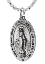 US Jewels Ladies Antique 925 Sterling Silver Large Miraculous Virgin Mary Pendant Necklace, 28mm - US Jewels