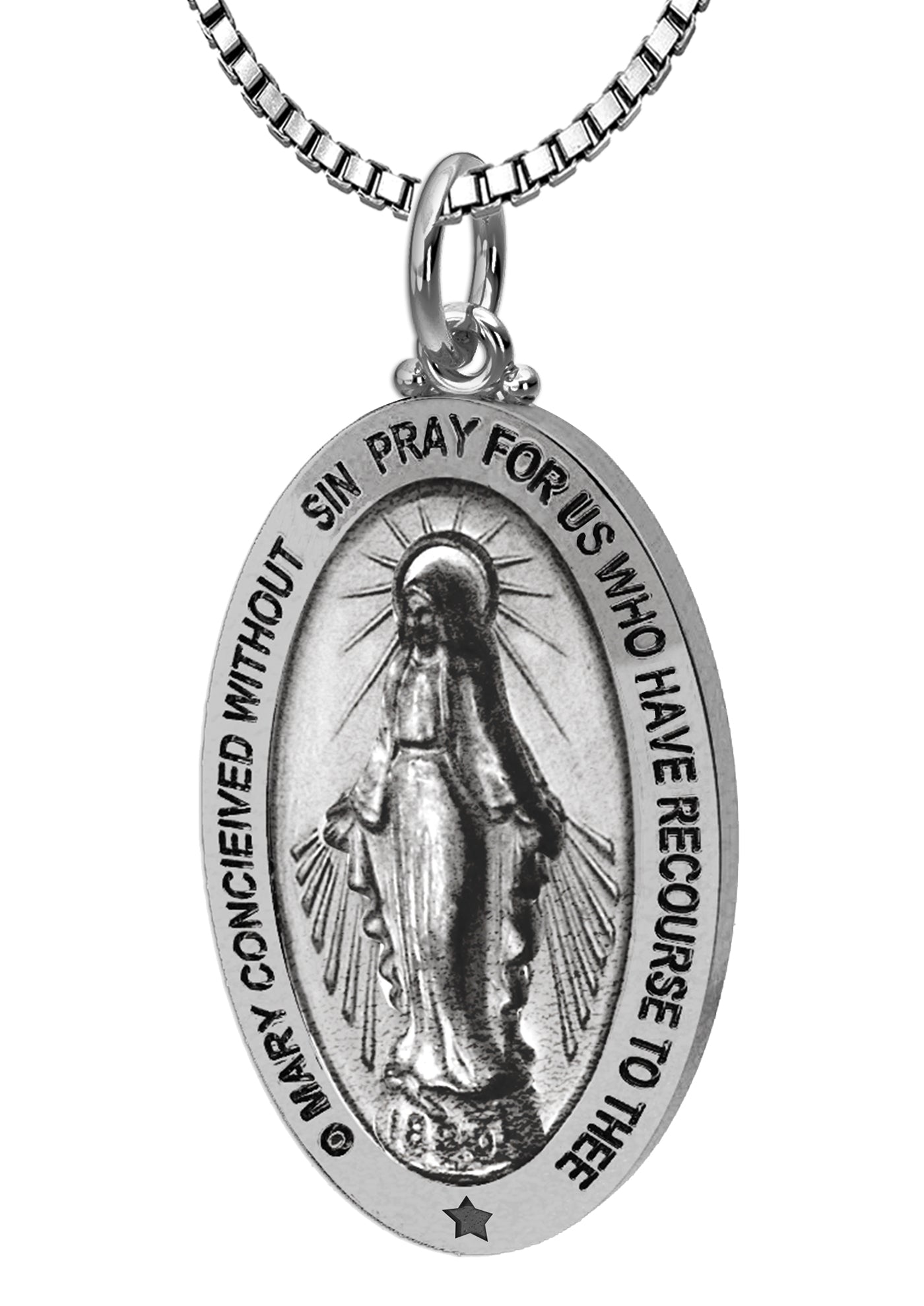 US Jewels Ladies Antique 925 Sterling Silver Large Miraculous Virgin Mary Pendant Necklace, 28mm - US Jewels