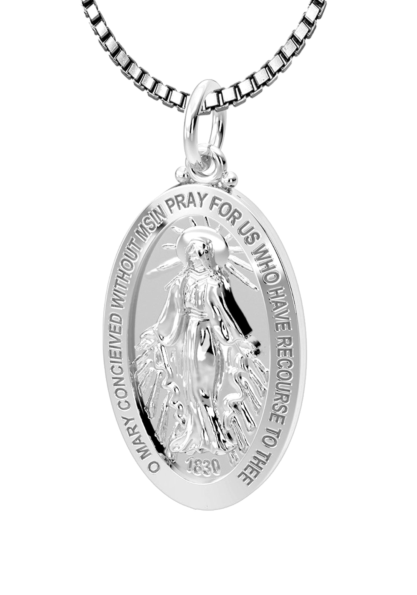 US Jewels Ladies Polished 925 Sterling Silver Large Miraculous Virgin Mary Pendant Necklace, 26mm - US Jewels