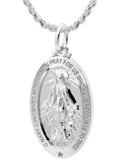 US Jewels Ladies Polished 925 Sterling Silver Large Miraculous Virgin Mary Pendant Necklace, 28mm - US Jewels