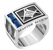 US Jewels Men's 925 Sterling Silver Synthetic Sapphire Solid Back Masonic Master Mason Ring - US Jewels