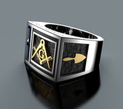 US Jewels Men's 925 Sterling Silver Synthetic Sapphire Solid Back Masonic Yellow Gold Emblems Master Mason Ring - US Jewels