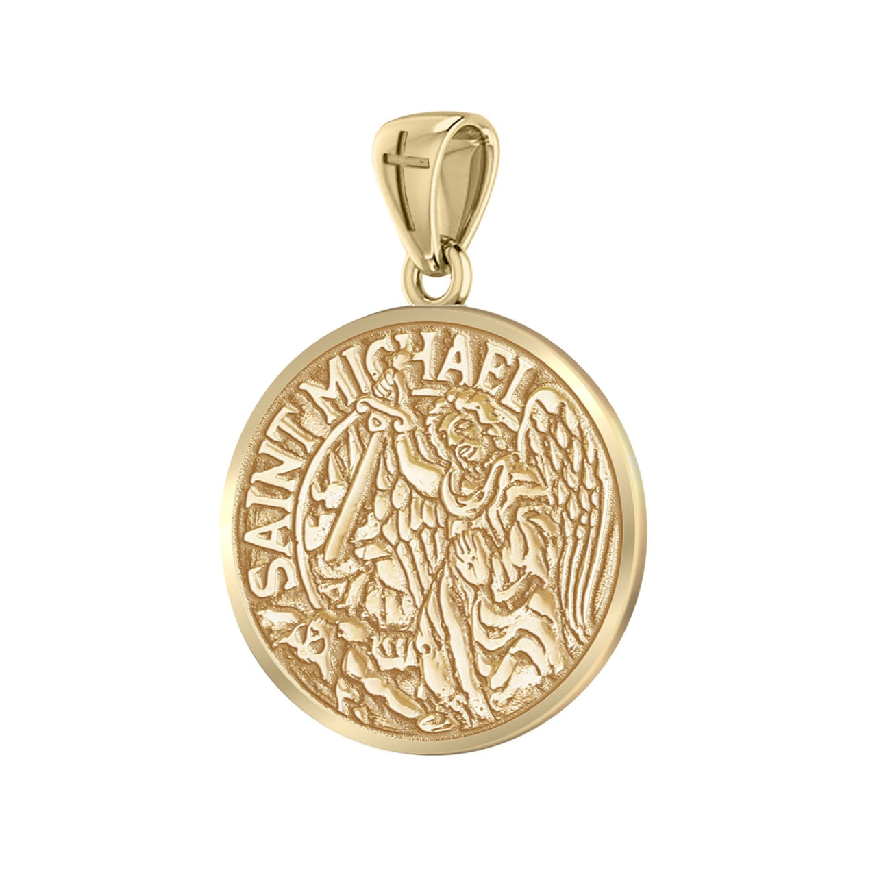 US Jewels Men's Heavy Solid 10K or 14k Yellow Gold Saint Michael Medal Round Pendant, 24mm - US Jewels