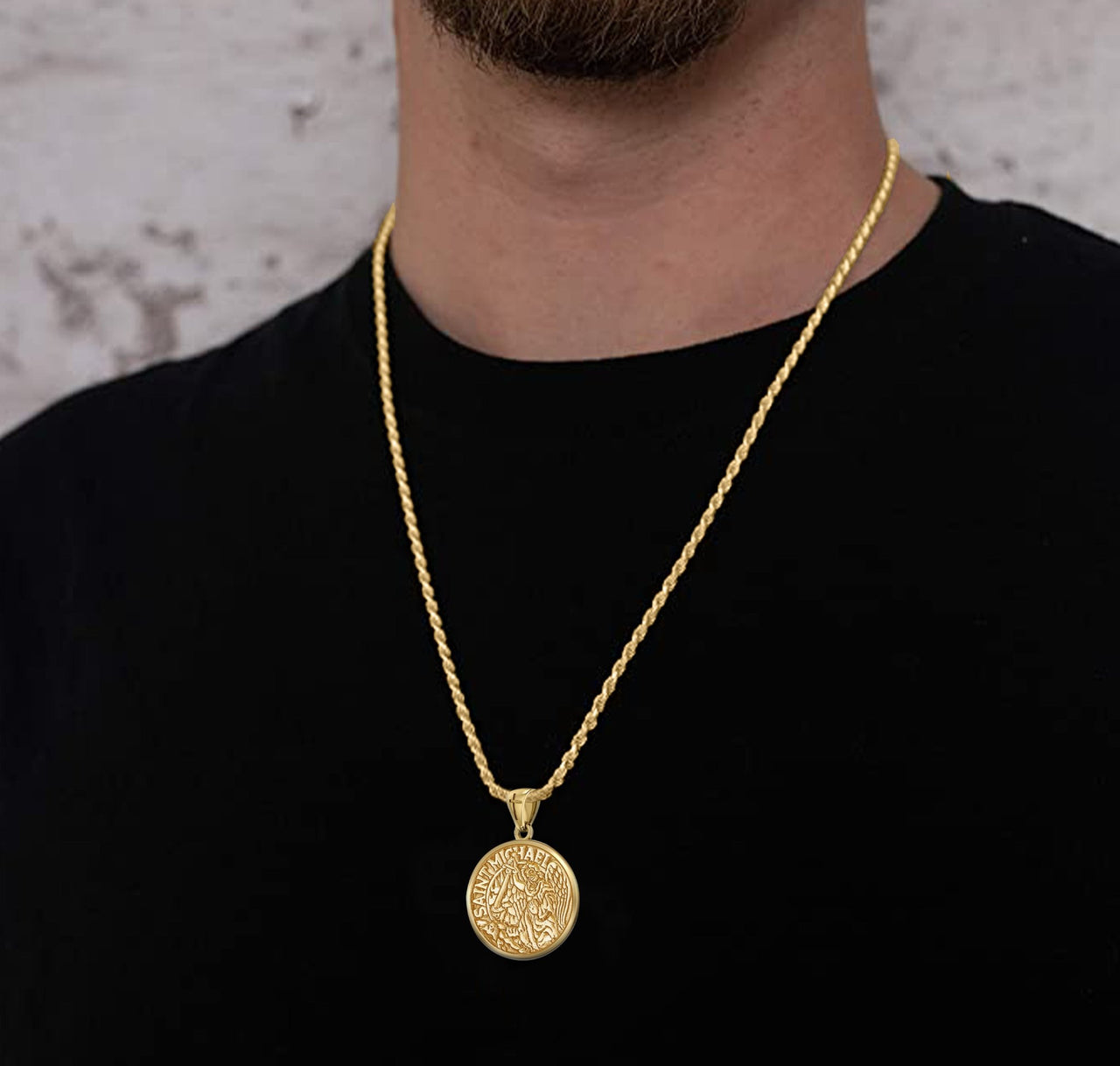 US Jewels Men's Heavy Solid 10K or 14k Yellow Gold Saint Michael Medal Round Pendant, 24mm - US Jewels