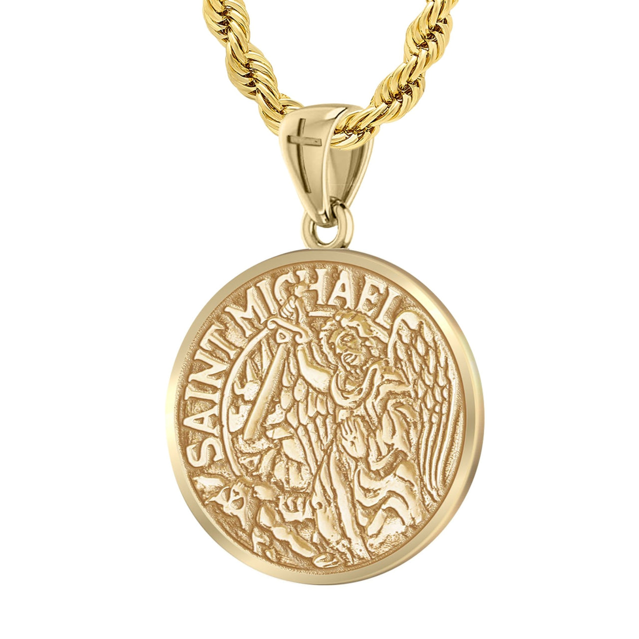 US Jewels Men's Heavy Solid 14K Yellow Gold 24mm Saint Michael Medal Round Pendant Necklace, 20in to 26in - US Jewels