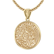 US Jewels Men's Heavy Solid 14K Yellow Gold 24mm Saint Michael Medal Round Pendant Necklace, 20in to 26in - US Jewels