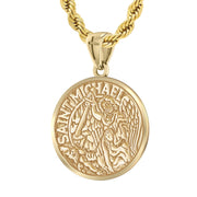 US Jewels Men's Heavy Solid 14K Yellow Gold 24mm Saint Michael Medal Round Pendant Necklace, 20in to 26in - US Jewels