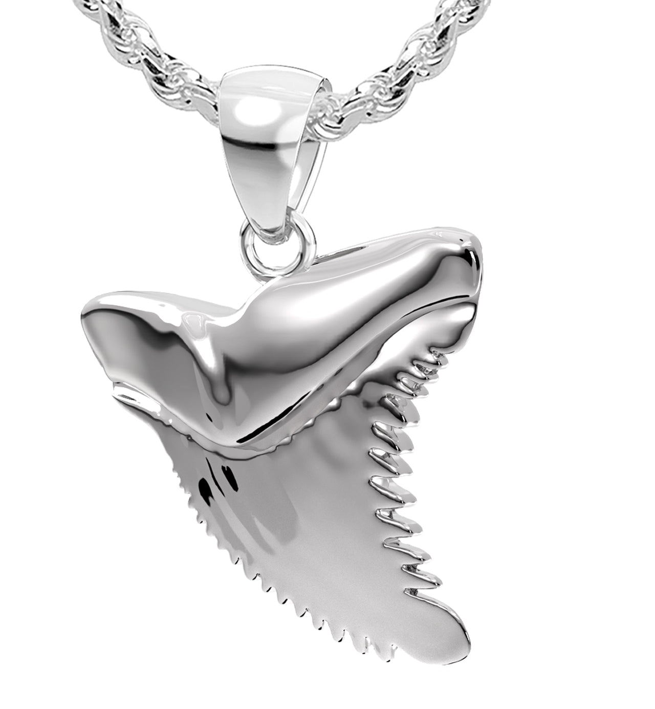 Men's XL Heavy Solid 925 Sterling Silver Tiger Shark Tooth Pendant Necklace, 37mm