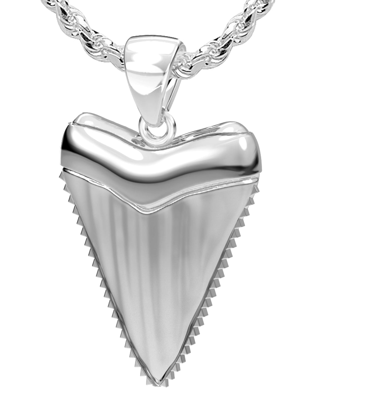 Men's XL Heavy Solid 925 Sterling Silver Great White Shark Tooth Pendant Necklace, 37mm