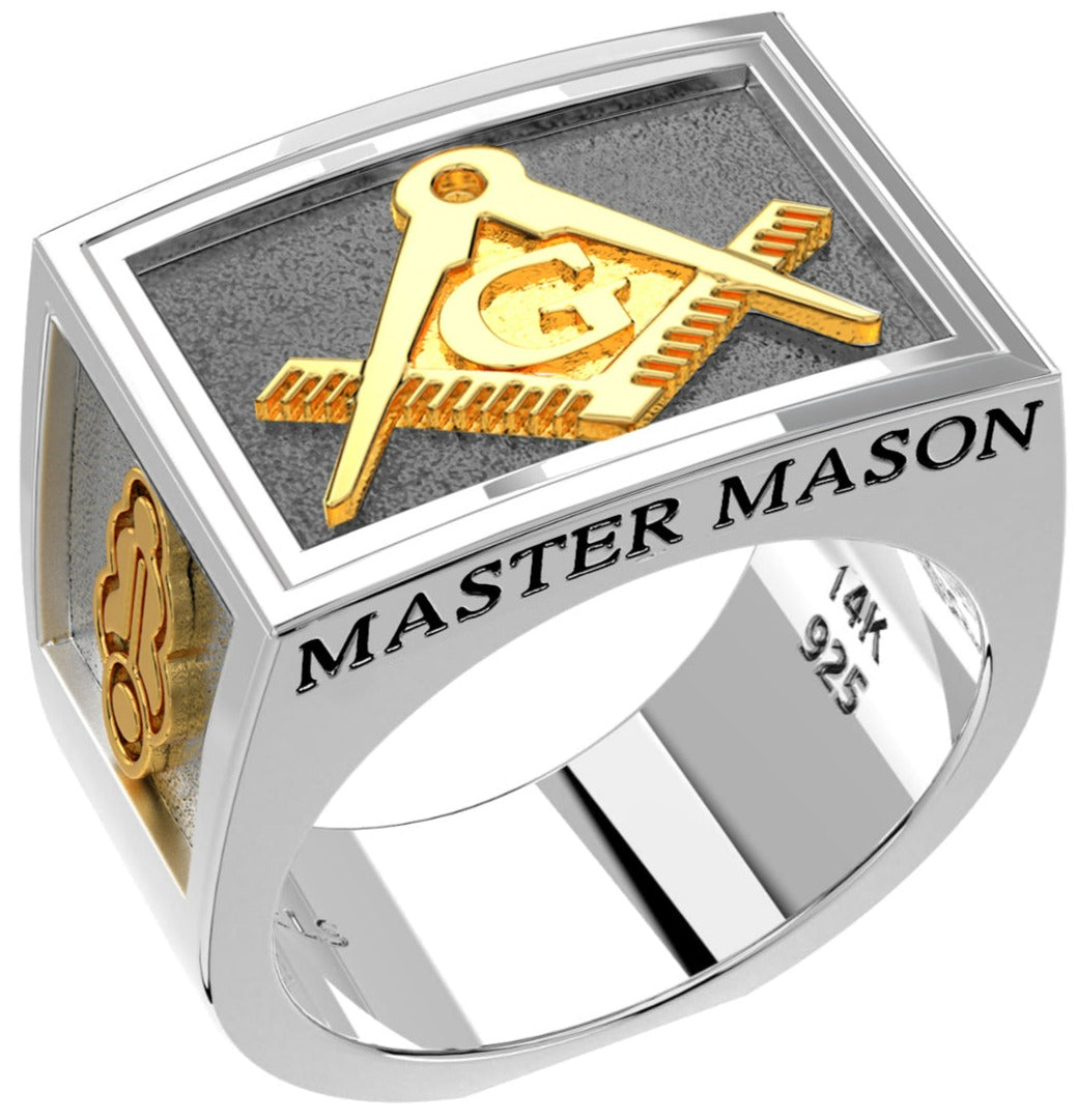 Men's Master Mason Two Tone 925 Sterling Silver and 14k Yellow Gold Ring