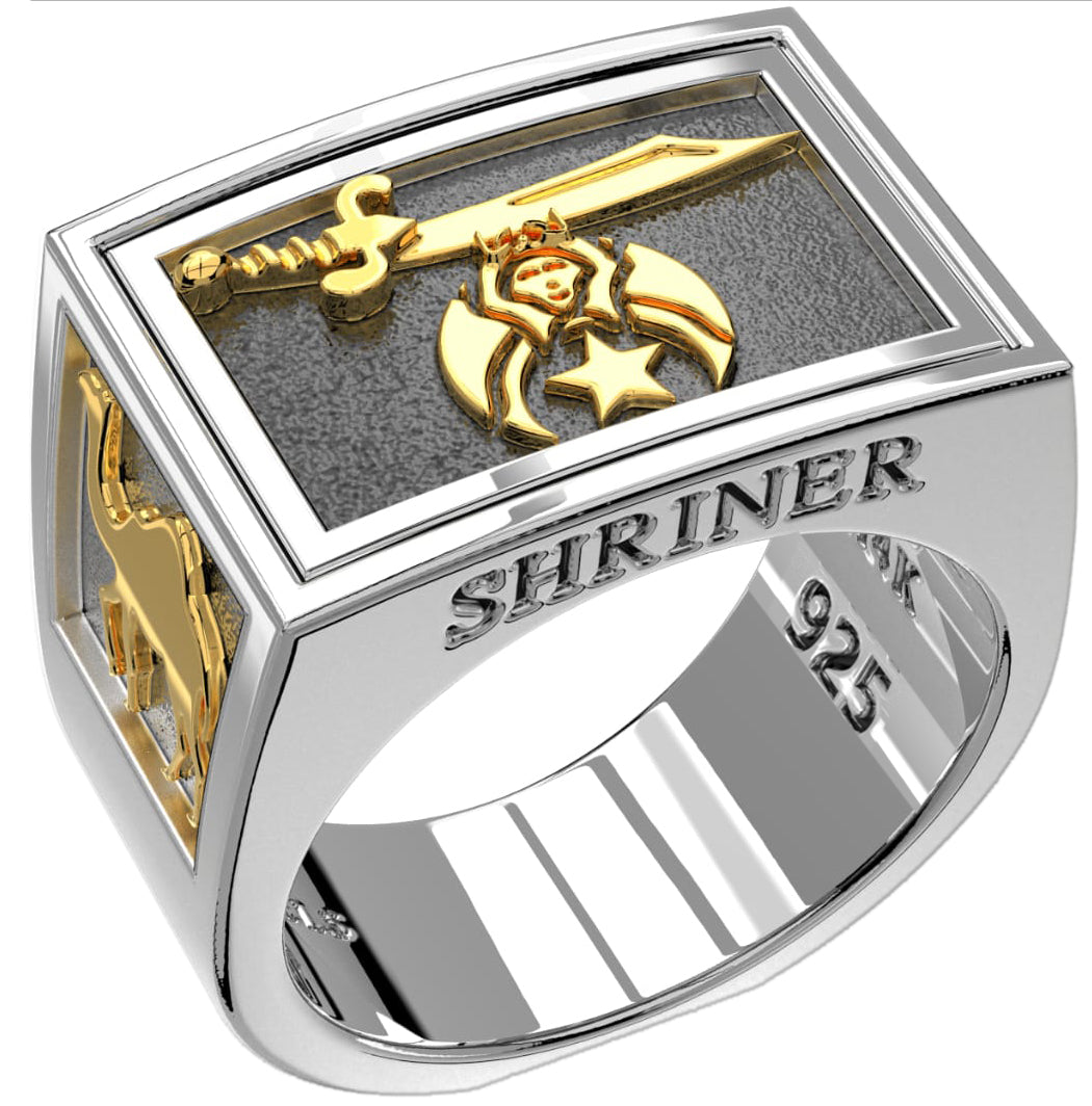 Men's Heavy 925 Sterling Silver & 14K Gold Freemason Shriner Ring Band