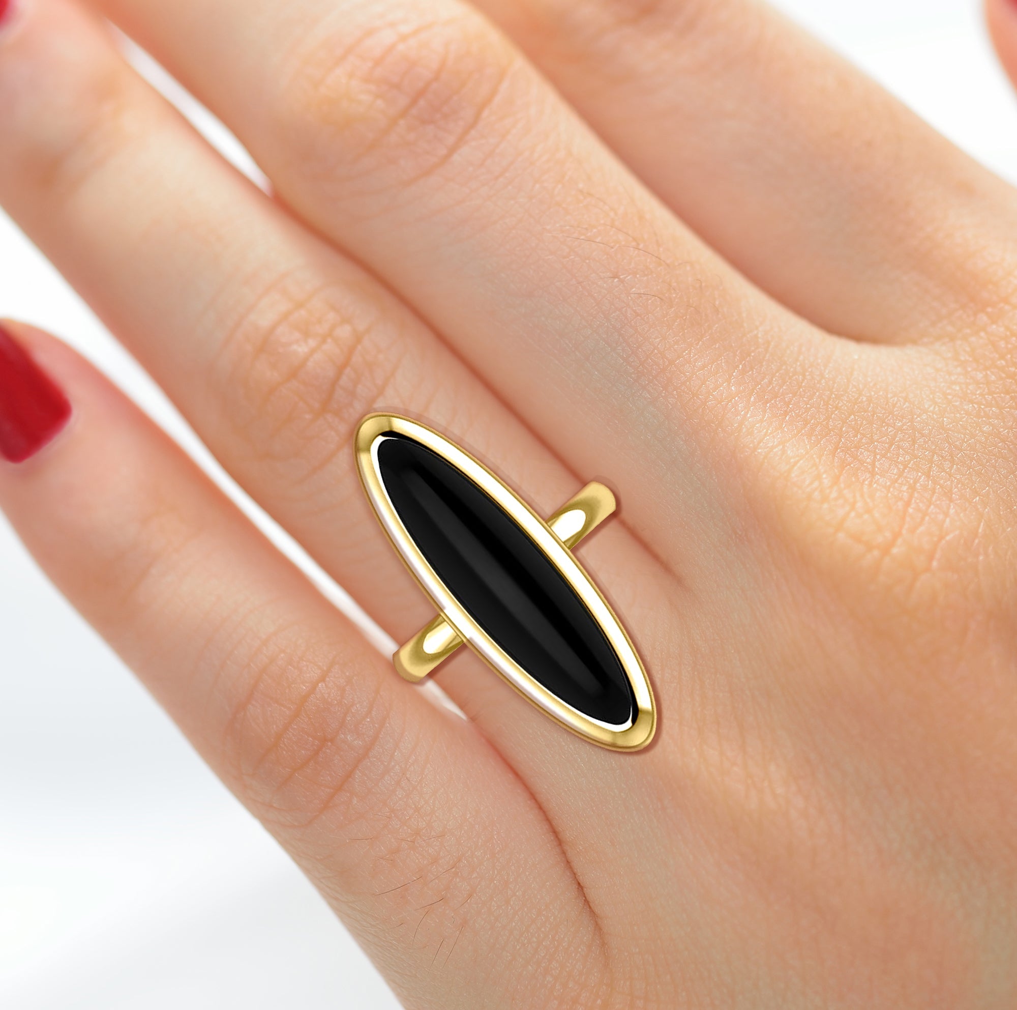 womens 14k yellow or white gold modern long oval inlaid black onyx ring 128597