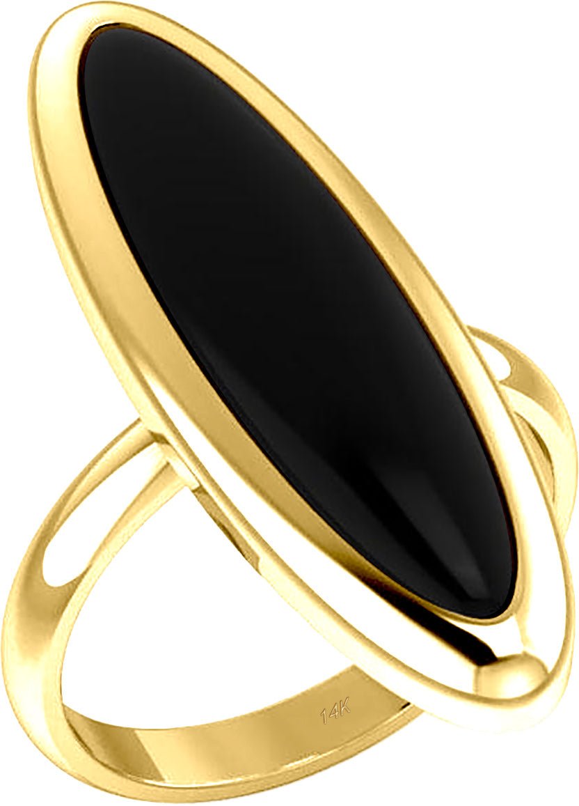 Women's 14k Yellow or White Gold Modern Long Oval Inlaid Black Onyx Ring - US Jewels