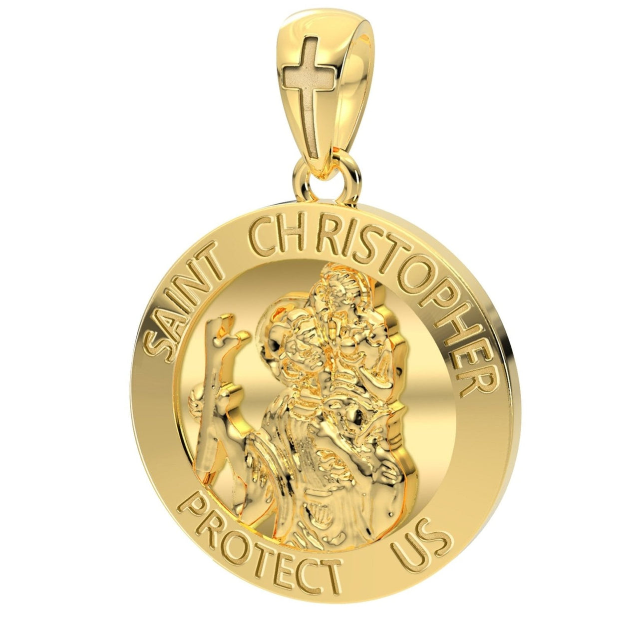 XL Heavy Solid 10K or 14K Yellow Gold St Saint Christopher Medal Round Pendant Necklace, 32mm - US Jewels