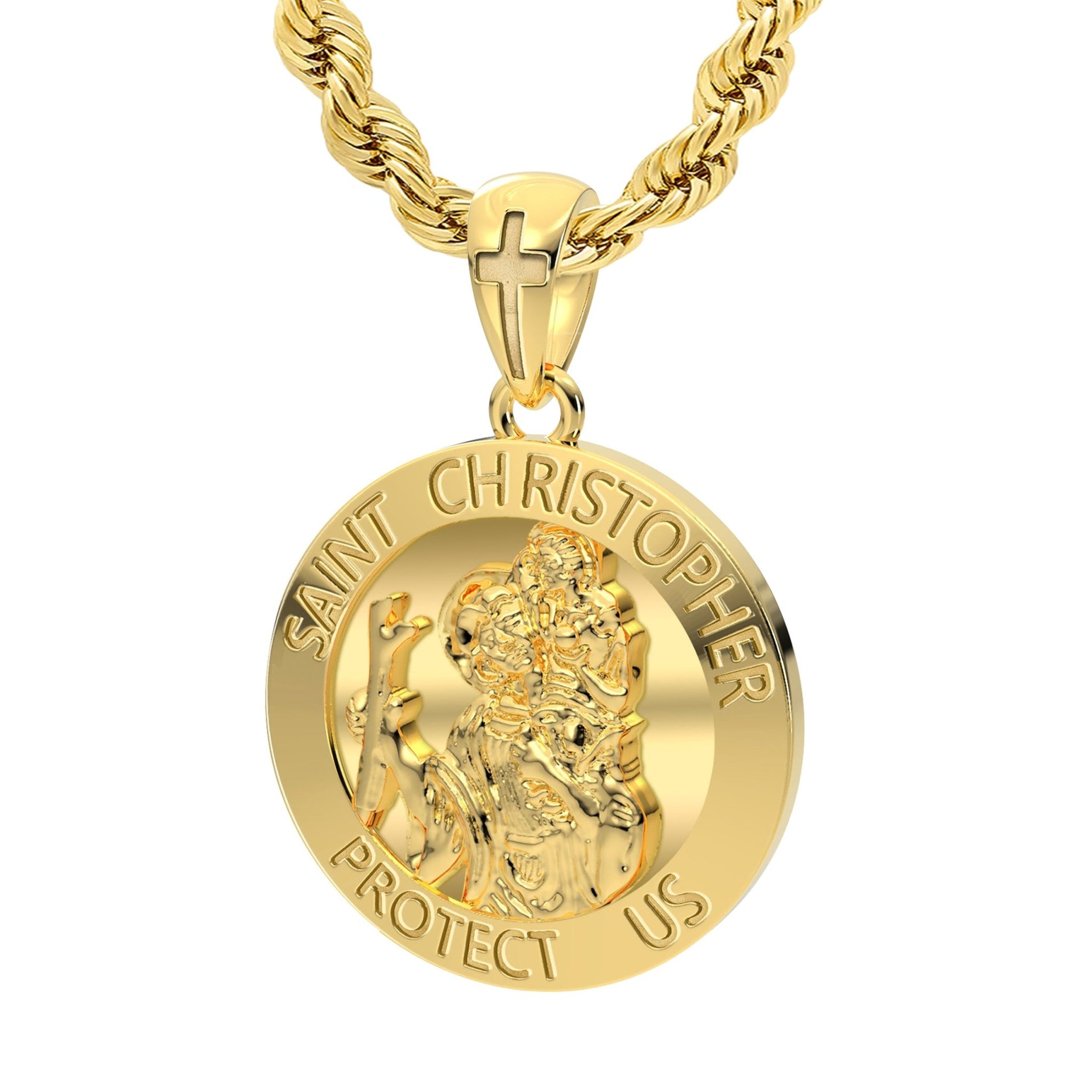 XL Heavy Solid 10K or 14K Yellow Gold St Saint Christopher Medal Round Pendant Necklace, 32mm - US Jewels