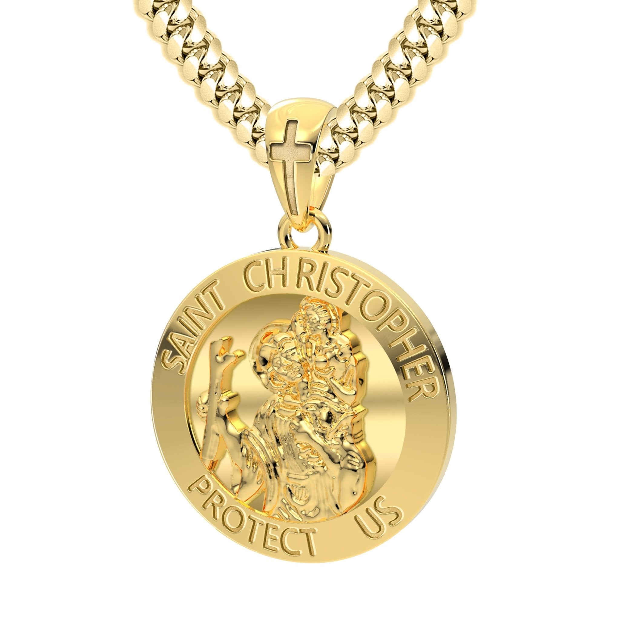 XL Heavy Solid 10K or 14K Yellow Gold St Saint Christopher Medal Round  Pendant Necklace, 32mm - 10K Yellow Gold / 22in 3.9mm Miami Cuban Chain