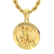XL Heavy Solid 10K or 14K Yellow Gold St Saint Michael Medal Round Pendant Necklace, 32mm - US Jewels