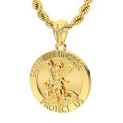 XL Heavy Solid 10K or 14K Yellow Gold St Saint Michael Medal Round Pendant Necklace, 32mm - US Jewels